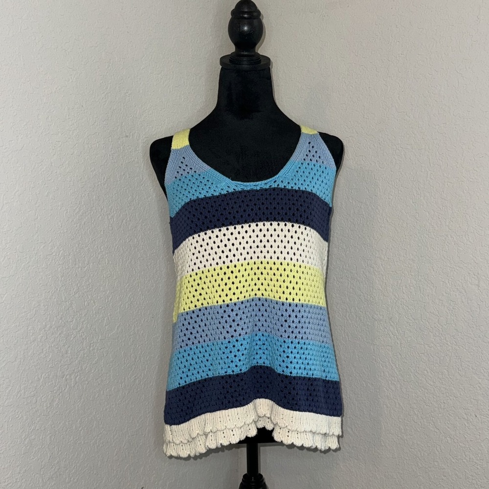 Design 365 Crochet Tank Women's Large Multicolor Striped Open Knit Scoop Neck